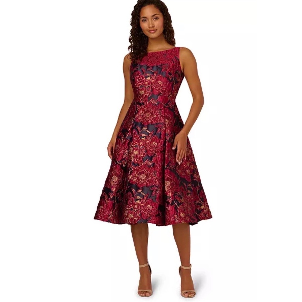 Macy's Floral Brocade Fit & Flare Midi Dress Wine Red Gold Metallic Sleeveless
